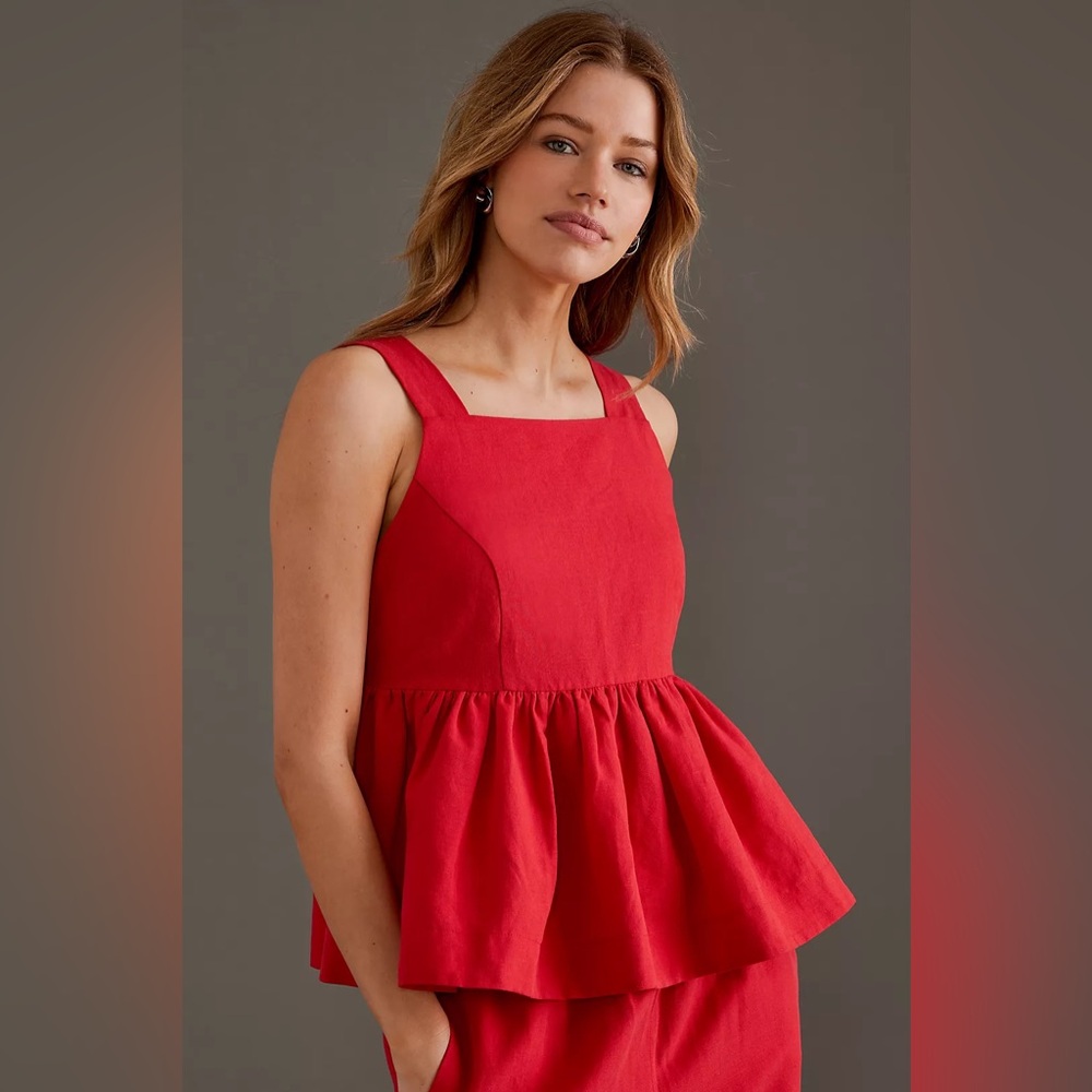 Anthropologie ALIGNE Alina Palm Tie Sleeve Tank Peplum Top Red US 2 NWT Shopbop